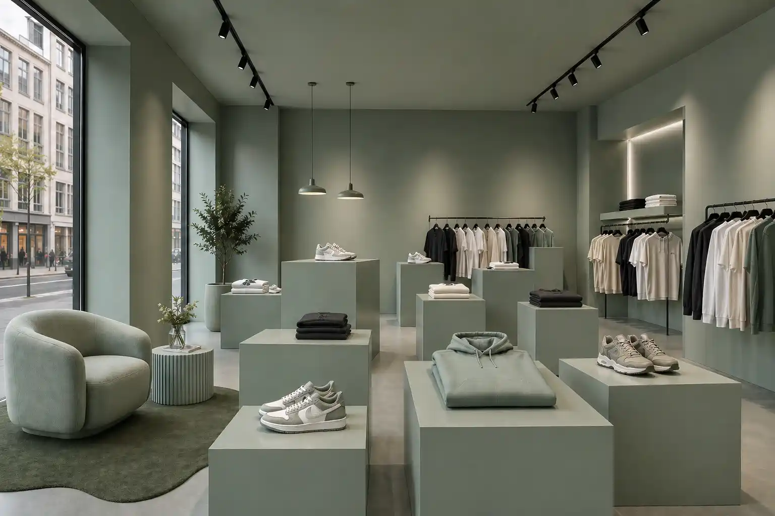 Detailansicht der Boutique in NRW mit reduzierter Materialwelt, klaren Geometrien und hochwertiger Produktinszenierung.