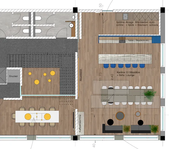 Grundrissplan Mitarbeiterbereich: Kantine mit 22 Sitzplätzen und Lounge, Küchenzeile mit Spülmaschine, Mikrowellen und Kühlschrank, Theke, Akustikbild, Kaffeemaschine und Besprechungstisch.