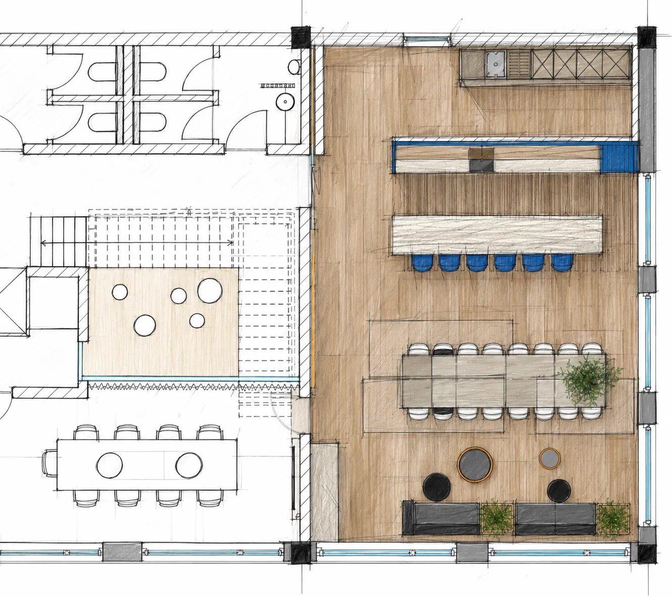 Handskizze Grundriss Mitarbeiterbereich: Küchenzeile, Theke mit blauen Barhockern, lange Tafel, Sofas mit Pflanzen auf Holzboden, daneben Besprechungstisch, WCs und Treppe.
