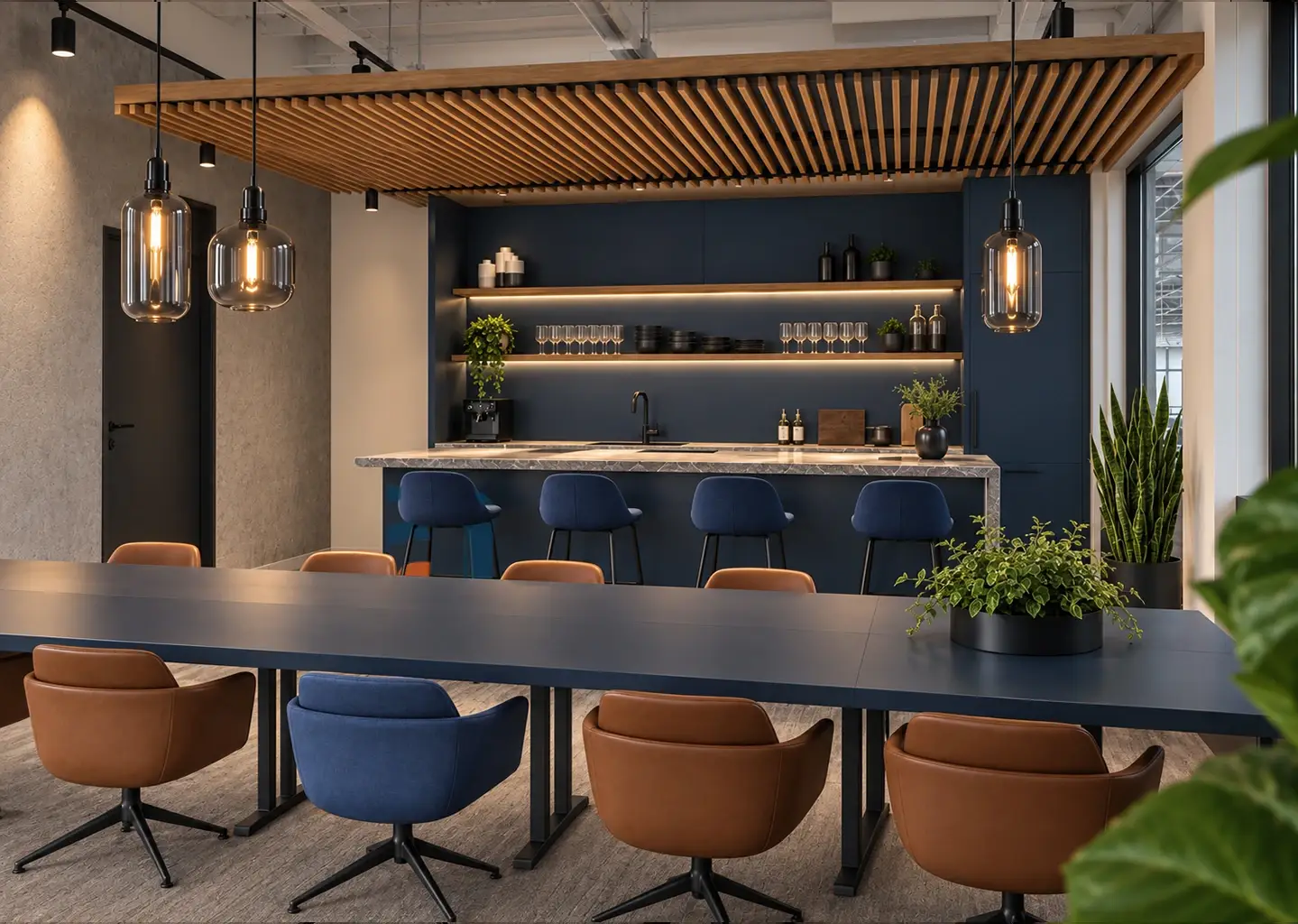 Entwurfsvisualisierung Mitarbeiterküche: dunkelblaue Küchenzeile mit Theke und Barhockern unter einer Holzlamellendecke, davor eine lange Tafel mit blauen und cognacfarbenen Stühlen.