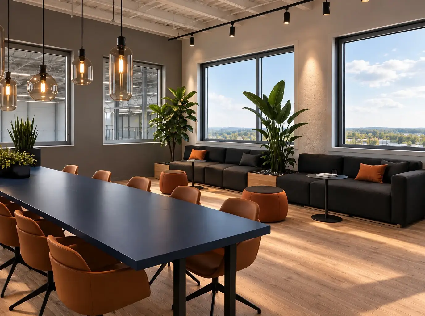 Entwurfsvisualisierung Mitarbeiterbereich: lange dunkelblaue Tafel mit cognacfarbenen Stühlen, anthrazitfarbene Sofas mit orangefarbenen Kissen, Pflanzen und große Fenster mit Blick ins Grüne.