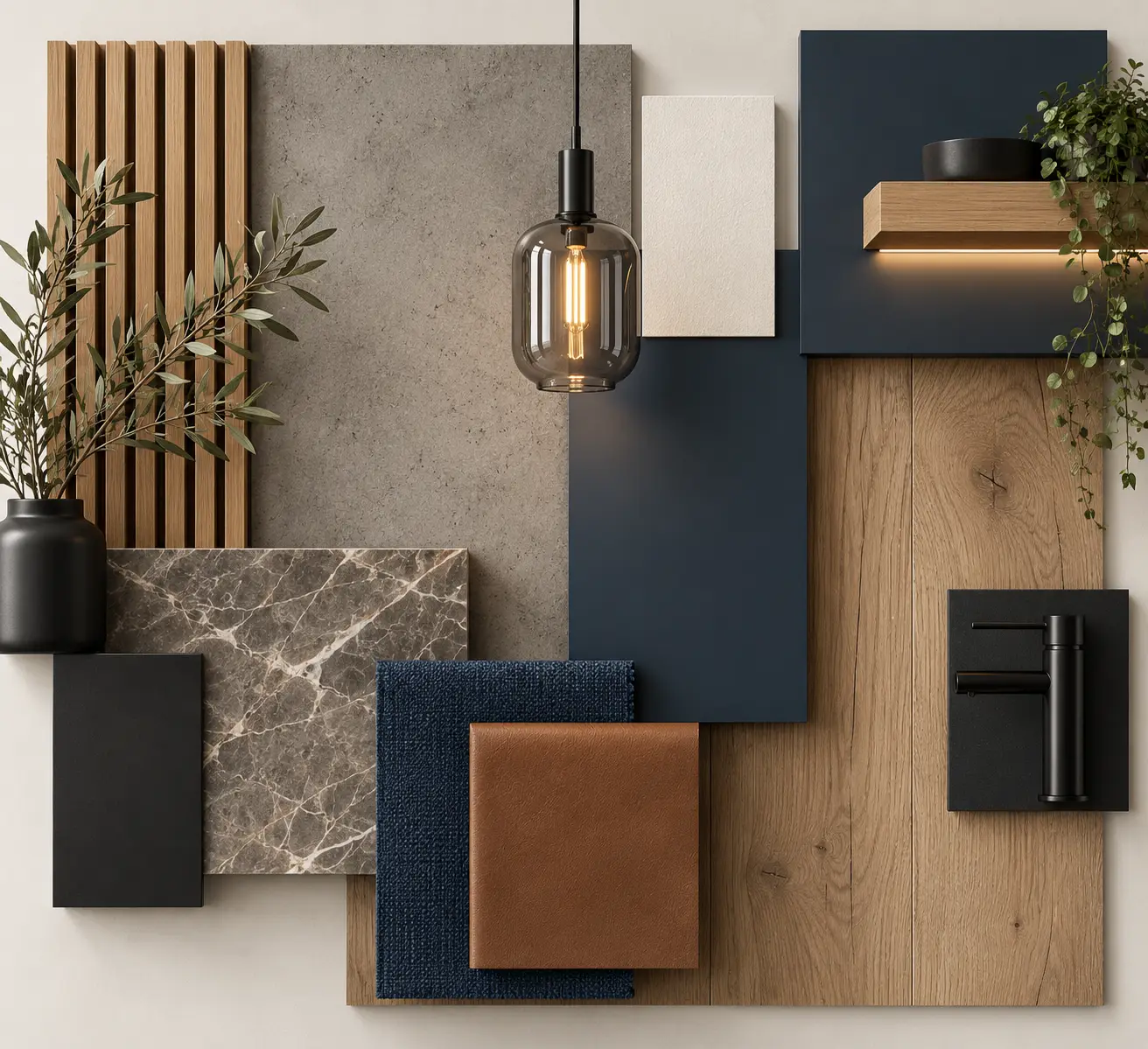 Moodboard Mitarbeiterbereich: Holzlamellen und Eichendielen, Flächen in Beton- und Marmoroptik, dunkelblaue Platten, dunkelblauer Stoff, cognacfarbenes Leder, eine Pendelleuchte aus Rauchglas, eine schwarze Armatur und ein beleuchtetes Holzregal.