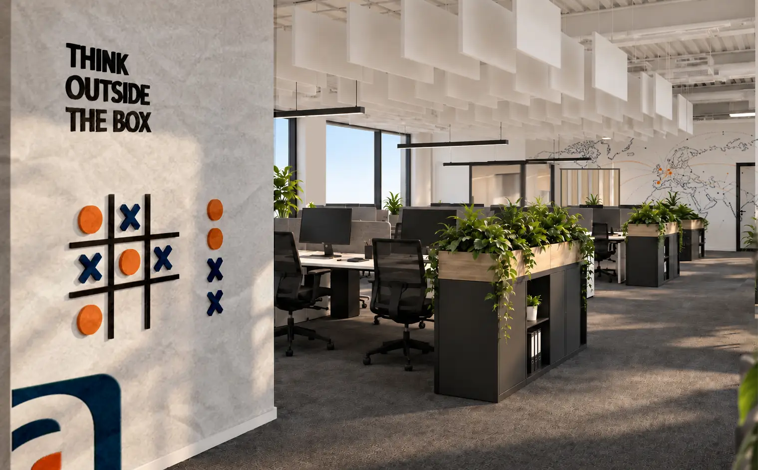 Entwurfsvisualisierung Open Space: Wand mit Schriftzug „Think outside the box“ und Tic-Tac-Toe-Motiv aus orangefarbenen Kreisen und blauen Kreuzen, dahinter Arbeitsplätze, bepflanzte Schränke als Raumteiler, weiße Akustiksegel unter der Decke und eine Weltkarte an der Stirnwand.