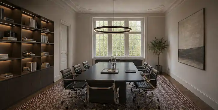 Innenarchitektur-Projekt Kanzlei in Siegen und Umgebung mit ruhigen Materialien, klaren Achsen und funktionaler Zonierung. Besprechungszone einer Kanzlei mit strukturierter Zonierung, reduzierter Formsprache und konzentrierter Arbeitsatmosphäre. Die Raumstruktur schafft Vertrauen und Seriosität zugleich.