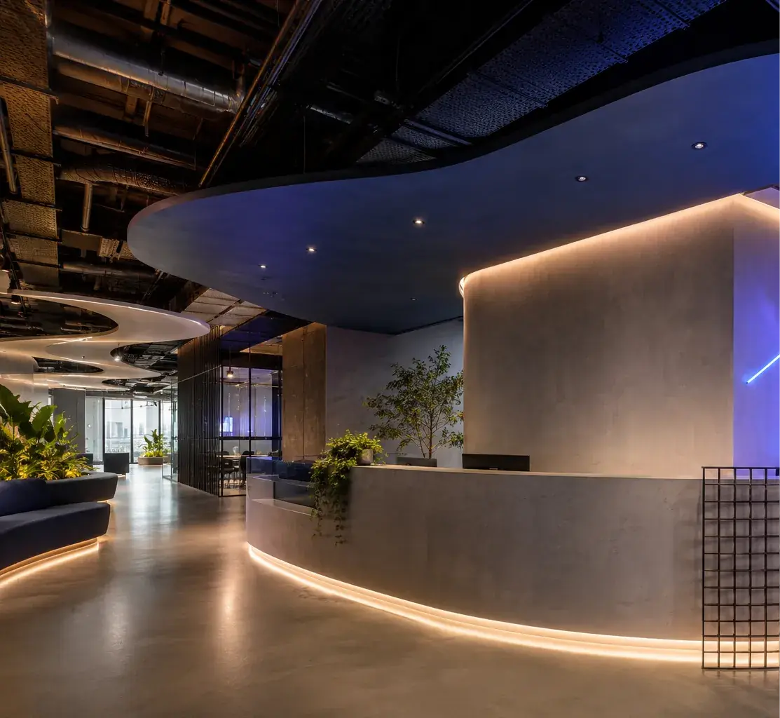 Innenarchitektur-Projekt Office: Entwurfsvisualisierungen einer modernen Arbeitswelt mit Empfang, Teeküche und Besprechungsraum. Office