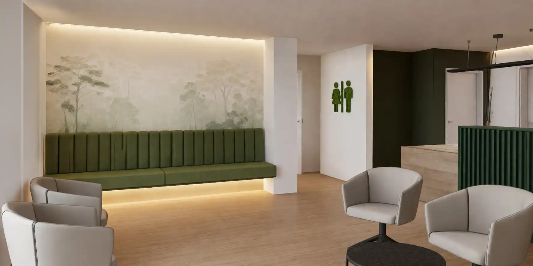 Innenarchitektur-Projekt Praxis in Siegen und Umgebung mit heller Materialität, natürlichen Tönen und ruhiger Raumstruktur. Praxis- und Behandlungsraum mit heller Materialität, natürlicher Farbwelt und vertrauensvoller Atmosphäre.