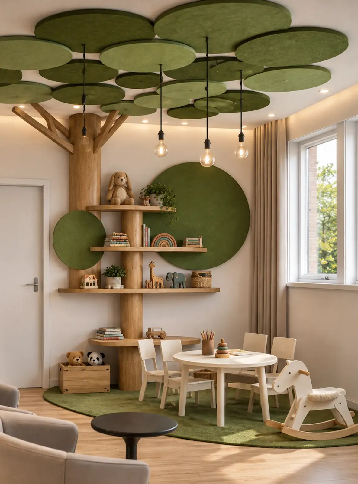 Innenarchitektur-Projekt Praxis in Siegen und Umgebung mit heller Materialität, natürlichen Tönen und ruhiger Raumstruktur. Kinderbereich einer Praxis mit Baum-Element, grünen Akustikpaneelen, Spieltisch und Regalen zum Ankommen und Warten.