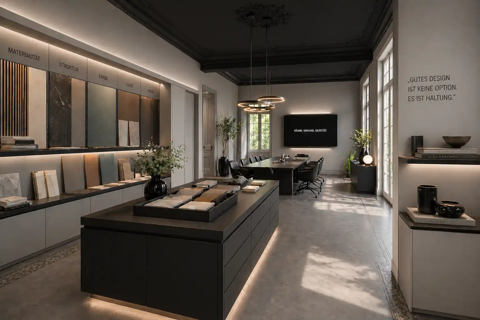 Innenarchitektur-Projekt Showroom in Siegen und Umgebung mit kuratierten Materialwelten, Sichtbeton und inszenierter Beratungsatmosphäre. Detailansicht eines Showrooms mit Sichtbeton, gezielten Akzenten und räumlicher Dramaturgie für die Produktpräsentation.