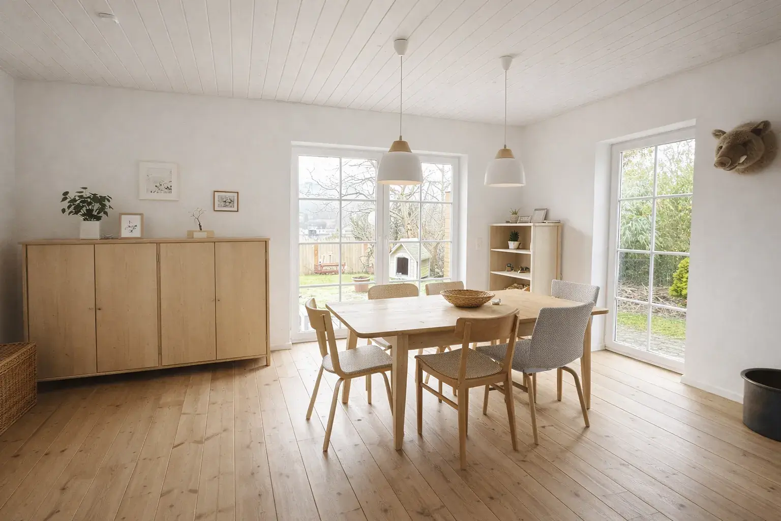 Entwurfsvisualisierung Wohnhaus K6: Essbereich mit hellen Holzmöbeln, Pendelleuchten und weißen Wänden.